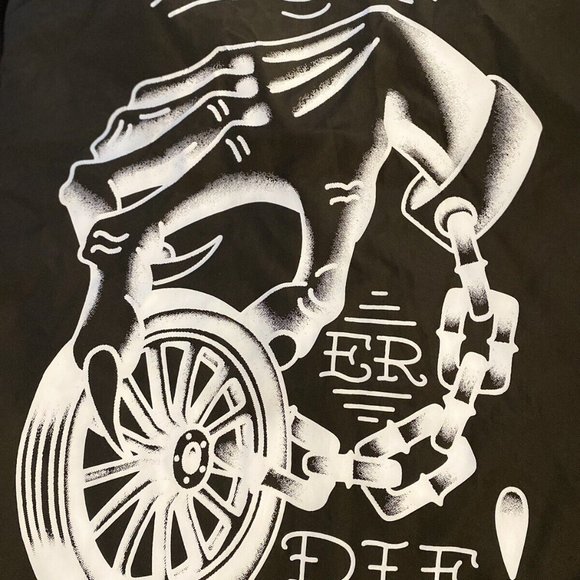 TRACKERDIE MOTORCYCLES WINDBREAKER JACKET BLACK / WHITE TIRE & CHAIN MED B7-14 - Picture 1 of 6